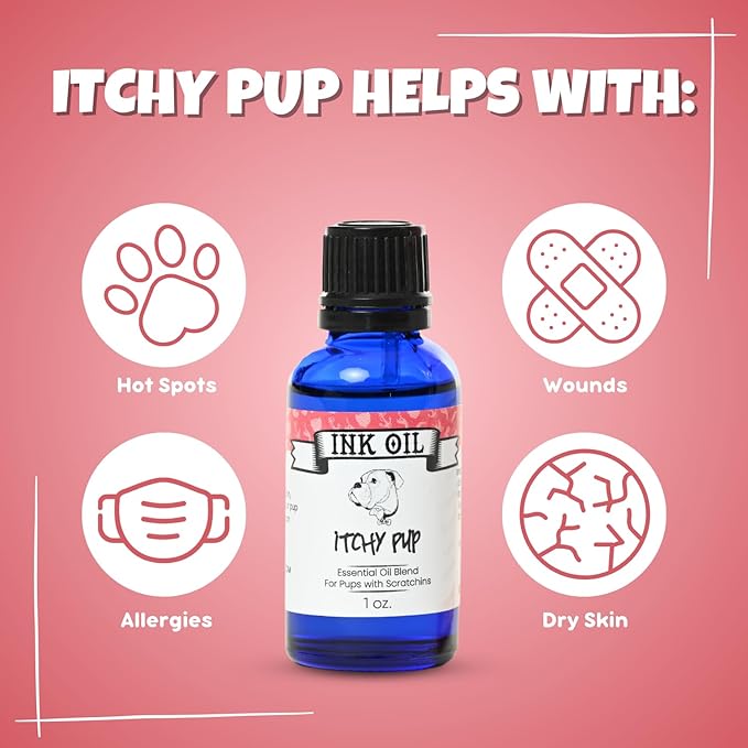 Ink Oil Itchy Pup | Itch Relief Supplement for Dogs | Calms & Soothes Rashes, Dry Skin & Insect Bite | 100% Natural Liquid Drop Pet Health Skin Care | Fast Skin Relief Therapeutic Essential Oil - 1 oz