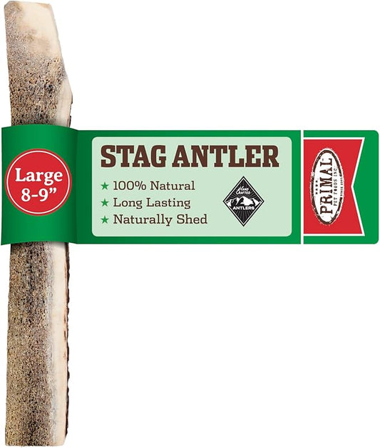 Primal Antlers for Dogs - Grade A Split Stag Antlers for Large Dogs 30-45 lb - Natural Dog Chews for Aggressive Chewers - Naturally Shed Antlers - Long Lasting Dog Bones - 1 ct