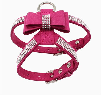Weimostar Bow Tie Dog Harness Rhinestone Crystal Soft Bling Sparkly Diamond Jewel for XS Small Breed Girls Pet Cat Puppy Female Kitten Hot Pink S