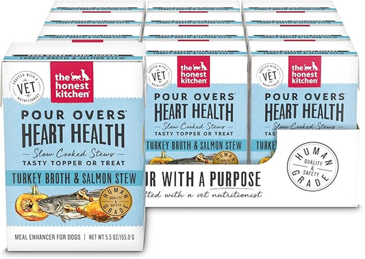The Honest Kitchen Functional Pour Overs: Heart Health - Turkey Broth & Salmon Stew Dog Food Topper, 5.5 oz x12