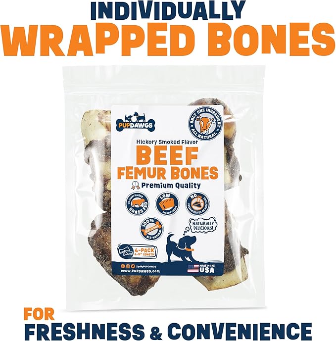 Single Ingredient Dog Bones - Made in USA - Beef Femur Bones - Natural Dog Bones for Aggressive Chewers - from USDA Inspected Beef - Hickory Smoked - Individually Wrapped (4 Piece Pack)