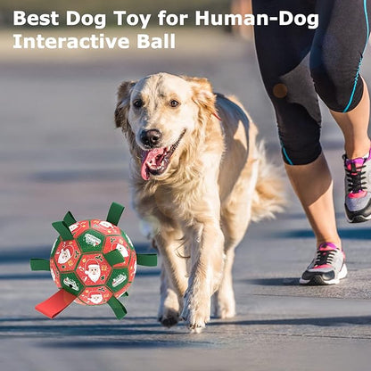QDAN Christmas Dog Toys Soccer Ball with Straps, Outdoor Interactive Dog Toys for Tug of War, Puppy Birthday Gifts, Dog Tug Toy, Dog Water Toy, Durable Dog Balls for Medium & Large Dogs（8 Inch）