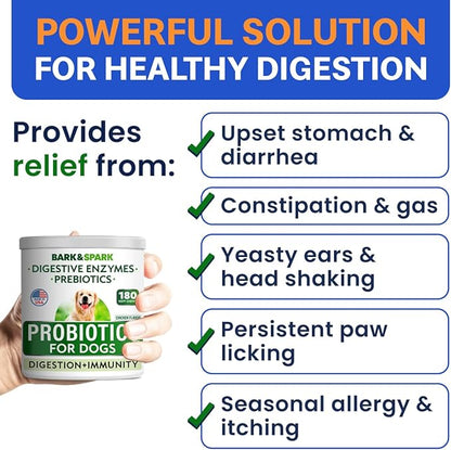 BARK&SPARK Dog Probiotics & Digestive Enzymes (Gut Health) Allergy & Itchy Skin - Pet Diarrhea Gas Treatment Upset Stomach Relief, Digestion Health Prebiotic Supplement Tummy Treat (180Ct Chicken)