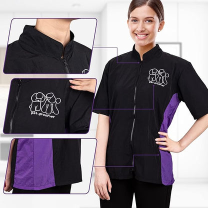 Noverlife Short Sleeves Pet Grooming Workwear With Full Zipper, XL Size, Anti-Static Beautician Smock, Lightweight Groomer Cosmetologist Uniforms Style Dog Cat Jacket for Men Women