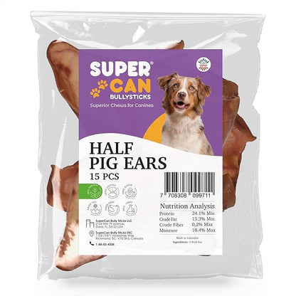 Supercan Bully Sticks Pig Ear Chews for Dogs – Half Pig Ears (15 Count) - All Natural Dog Treats - Healthy Chews for Large Medium & Small Dogs - Promotes Dental Health - Long Lasting