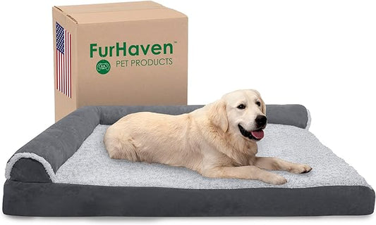 Furhaven Memory Foam Dog Bed for Large Dogs w/ Removable Bolsters & Washable Cover, For Dogs Up to 125 lbs - Two-Tone Plush Faux Fur & Suede L Shaped Chaise - Stone Gray, Jumbo Plus/XXL
