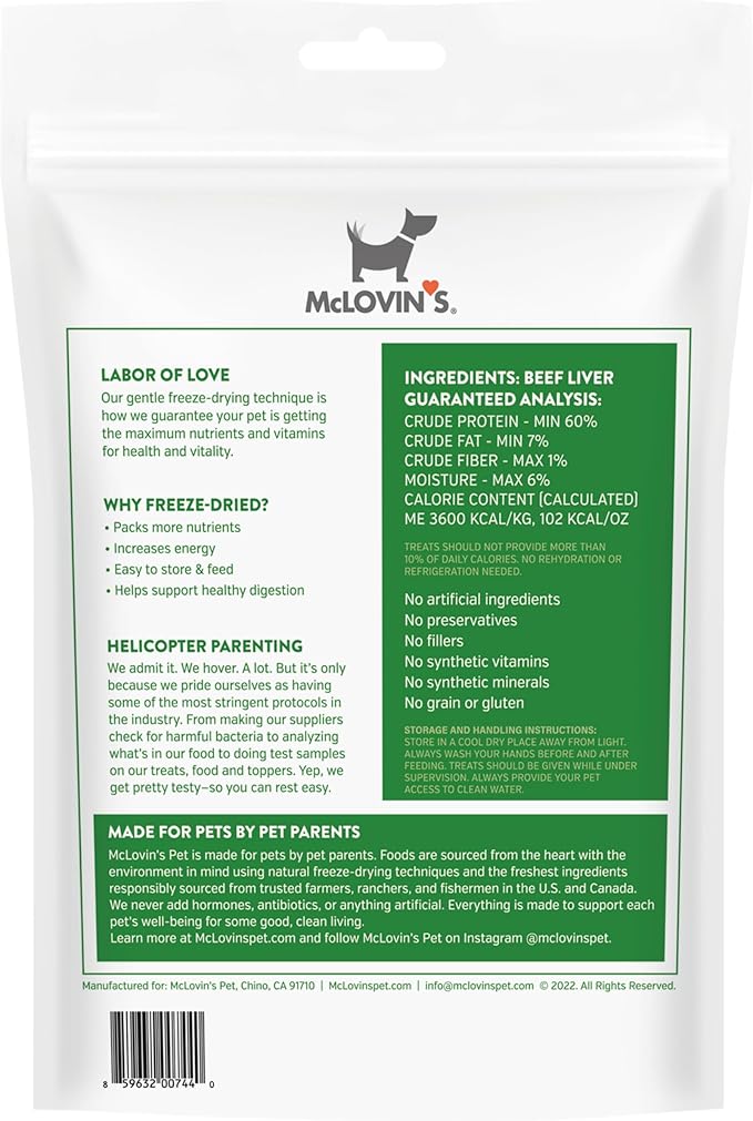 McLovin's Pet Freeze Dried Raw Beef Liver Dog Treats and Toppers, 4 oz. - Single Ingredient, Grain-Free, Gluten-Free, High Protein Treat - Healthy Dog Training Treats