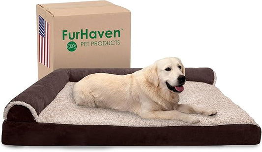 Furhaven Memory Foam Dog Bed for Large Dogs w/ Removable Bolsters & Washable Cover, For Dogs Up to 125 lbs - Two-Tone Plush Faux Fur & Suede L Shaped Chaise - Espresso, Jumbo Plus/XXL
