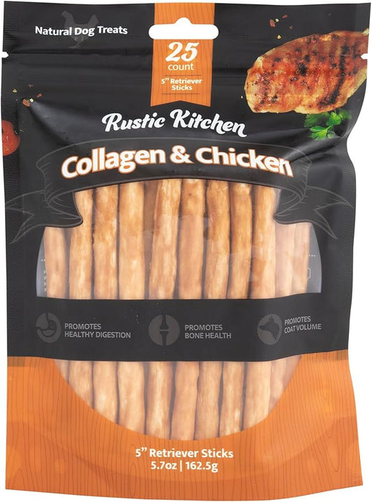 Chicken Collagen Sticks for Dogs, Dog Chews Long Lasting, Rawhide Free, 25 Count (Real Chicken), Bully Sticks for Large, Medium, and Small Dogs