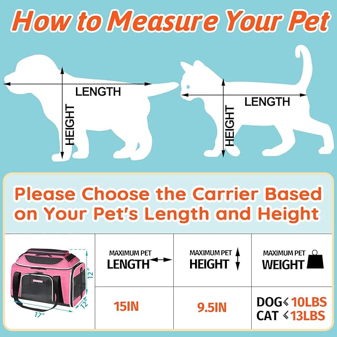 Petskd Top-Expandable Pet Carrier 17x12x8.5 Inches JetBlue Frontier Spirit Airline Approved, Soft-Sided Carrier for Small Cats and Dogs with Locking Safety Zippers and Anti-Scratch Mesh(Pink)
