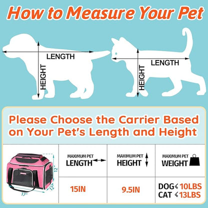 Petskd Top-Expandable Pet Carrier 17x12x8.5 Inches JetBlue Frontier Spirit Airline Approved, Soft-Sided Carrier for Small Cats and Dogs with Locking Safety Zippers and Anti-Scratch Mesh(Pink)