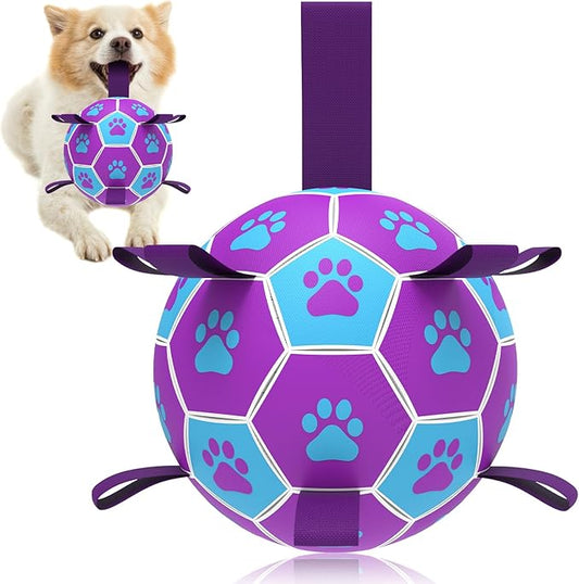 QDAN Dog Ropes Toys Soccer Ball with Straps, Interactive Dog Toys for Tug of War, Puppy Birthday Gifts, Dog Tug Toy, Dog Water Toy, Durable Dog Balls for Medium Dogs-Blue（6 Inch）