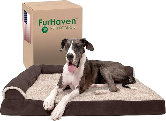 Furhaven Orthopedic Dog Bed for Large Dogs w/ Removable Bolsters & Washable Cover, For Dogs Up to 125 lbs - Two-Tone Plush Faux Fur & Suede L Shaped Chaise - Espresso, Jumbo Plus/XXL