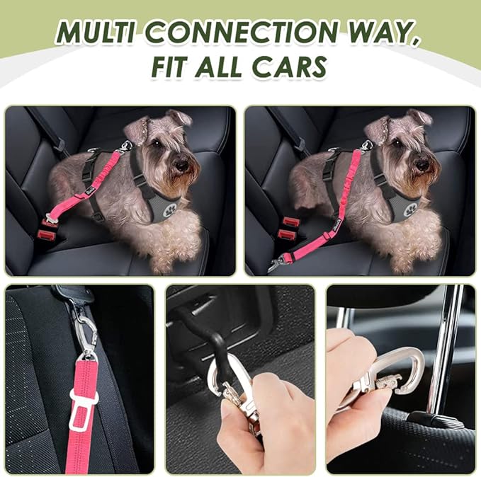 SlowTon Dog Seatbelt, 2 Pack Dog Seat Belt Car Leash Adjustable Elastic Bungee Buffer Heavy Duty Nylon Reflective Pet Safety Tether Connect to Dog Harness for Travel Riding in Vehicle (Daul Clip, FL)