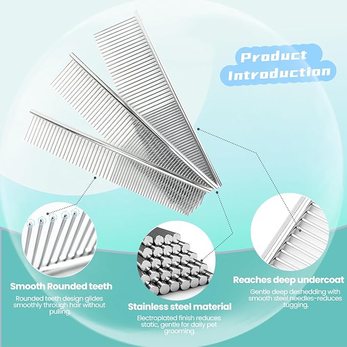 [3 Pack] Stainless Steel Pet Comb Set – Grooming Combs for Dogs & Cats, Large Medium Small Sizes – Detangler, Undercoat Rake, Flea Removal Tool for Long, Short, Curly Hair