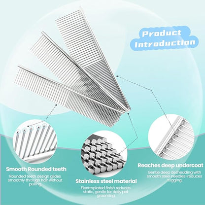 [3 Pack] Stainless Steel Pet Comb Set – Grooming Combs for Dogs & Cats, Large Medium Small Sizes – Detangler, Undercoat Rake, Flea Removal Tool for Long, Short, Curly Hair