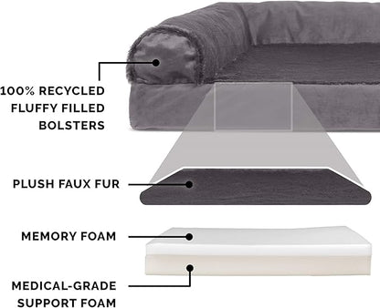 Furhaven Memory Foam Dog Bed for Large Dogs w/ Removable Bolsters & Washable Cover, For Dogs Up to 125 lbs - Plush & Velvet L Shaped Chaise - Platinum Gray, Jumbo Plus/XXL