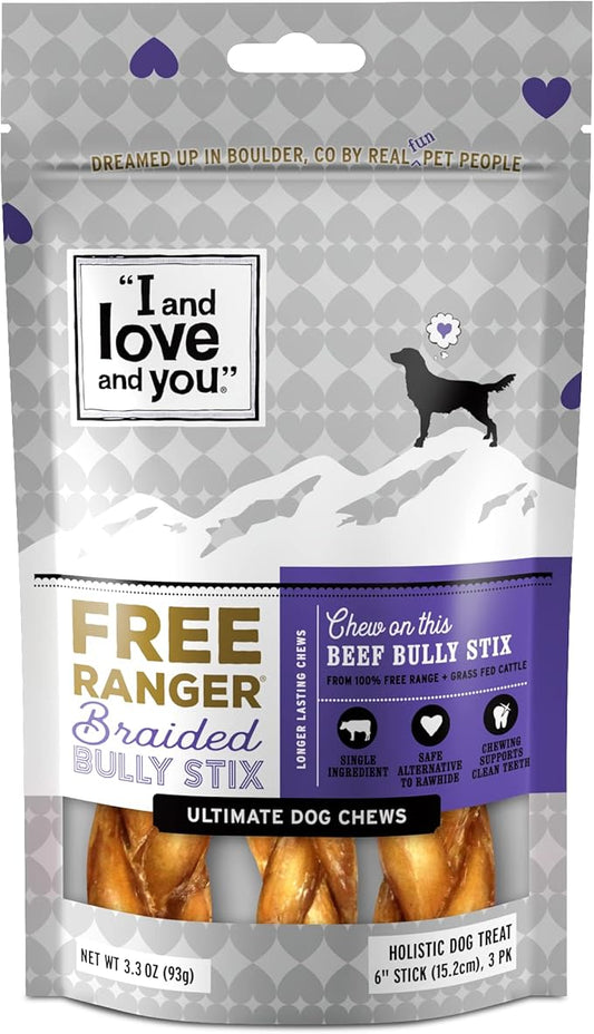 I AND LOVE AND YOU Free Ranger Braided Bully Stix - Beef - Rawhide Alternative, Single Ingredient, Free Range Grass Fed Beef, 6in, 3ct