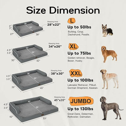 Large Dog Bed Orthopedic Washable: Dark Grey Dog Bed with Waterproof Cover and Removable Bolster, Egg Foam Couch Sofa for Medium XXXLarge Dogs