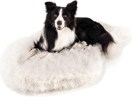 PupRug Orthopedic Dog Bed for Large Dogs with Fluffy Soft Faux Fur and Memory Foam for Joint Pain Relief, Machine Washable and Waterproof Couch Bed, Polar White, Large/Extra Large