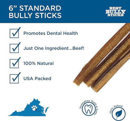 Best Bully Sticks for Dogs, 6 Inch, 8oz Pack - 100% Natural Grass-Fed Beef, Dog Bully Sticks for Medium/Large Dogs, Grain & Rawhide Free Dog Chews