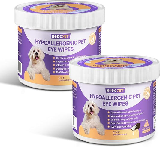 HICC PET Eyes Wipes for Dogs & Cats 200pcs - Gently Remove Tear Stain, Eye Debris, Discharge, Mucus Secretions - Coconut Oil Pet Cleaning Grooming Deodorizing Wipes for Eyes, Wrinkle, Face