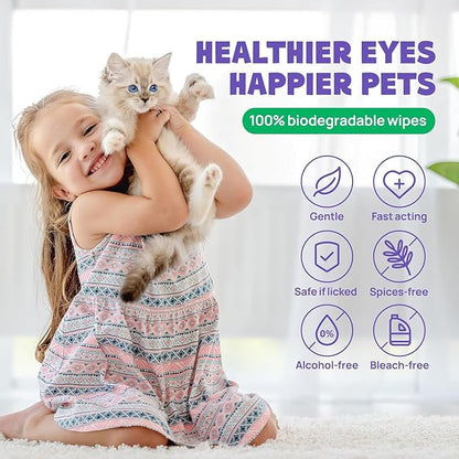 HICC PET Eyes Wipes for Dogs & Cats 200pcs - Gently Remove Tear Stain, Eye Debris, Discharge, Mucus Secretions - Coconut Oil Pet Cleaning Grooming Deodorizing Wipes for Eyes, Wrinkle, Face