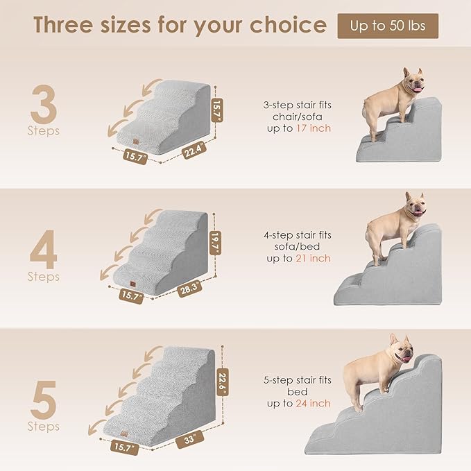 EHEYCIGA Curved Dog Stairs Ramp for High Beds 19.7" H, 4-Step Dog Steps for Small Dogs and Cats, Pet Stairs for High Bed Climbing, Non-Slip Balanced Pet Step Indoor, Light Grey