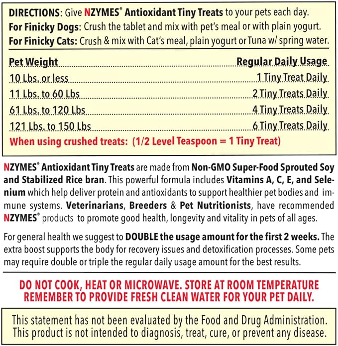 Nzymes® Antioxidant Tiny Treats - for Dogs Joints, HIPS, Paralysis, Skin, Coat, Hair Loss, Aging, Digestion, Seizures - Dog Treats for Small Dogs - 180 Treats - Made in The USA