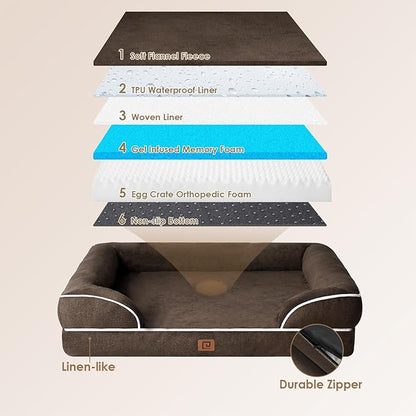 EHEYCIGA Orthopedic Dog Beds for Extra Large Dogs, Waterproof Memory Foam XXL Dog Bed with Sides, Non-Slip Bottom and Egg-Crate Foam Big Dog Couch Bed with Washable Removable Cover, Brown