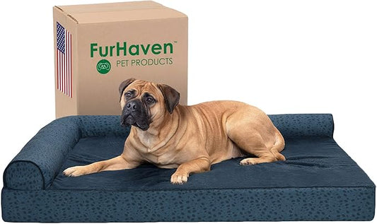 Furhaven Memory Foam Dog Bed for Large Dogs w/ Removable Bolsters & Washable Cover, For Dogs Up to 125 lbs - Plush & Almond Print L Shaped Chaise - Blue Almonds, Jumbo Plus/XXL