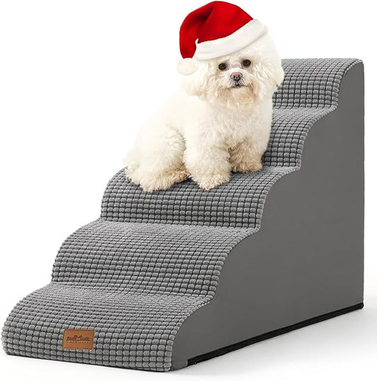 Dog Stairs for High Bed 22.6" H, Small Pet Steps with Leakproof Cover, High Density Foam Cat Ramp for Bed, Car or Couch, Lightweight, Durable, Comfort, 15.7x33x22.6 inch, 5 Tiers, Light Grey
