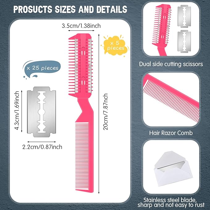 Yinkin 5-Piece Razor Comb for Dogs & Cats, Pink, Plastic & Stainless Steel, Small to Medium Dogs, 25 Extra Blades, Manual, Grooming & Trimming