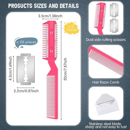Yinkin 5-Piece Razor Comb for Dogs & Cats, Pink, Plastic & Stainless Steel, Small to Medium Dogs, 25 Extra Blades, Manual, Grooming & Trimming