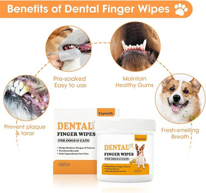 Dental Care Finger Wipes for Dogs & Cats, Reduces Plaque & Tartar Freshens Breath, Pre-Soaked Pet Teeth Wipes, Easy to Use Disposable Oral Cleaning Pads, Peanut Flavor