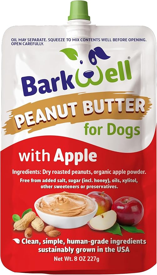 Peanut Butter Squeeze - 8oz Pouch All-Natural Dog Peanut Butter with Apple, Sourced and Made in The USA Dog Treat