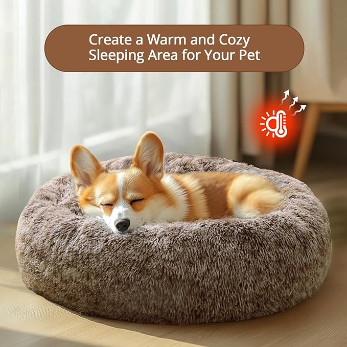 JOLLYVOGUE Dog Bed Cat Bed, Anti-Anxiety Small Dog Bed, Calming Donut Dog Bed for Puppy, Cozy Cat Bed, Fluffy Dog Beds for Small Dogs, Washable Round Puppy Bed for Indoor Pets (20"/Smoke Brown