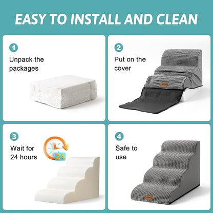Dog Stairs for Small Dogs 19.7" H, Pet Step with Leakproof Cover, High Density Foam Cat Ramp for Bed, Couch or Sofa, Lightweight, Durable, Comfort, 15.7x28.3x19.7 inch, 4 Tiers, Light Grey