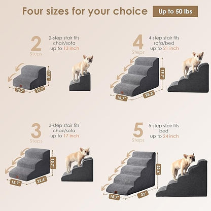 EHEYCIGA Curved Dog Stairs Ramp for Small Dogs 15.7" H, 3-Step Dog Steps for Couch Sofa and Chair, Pet Stairs for Cats, Non-Slip Balanced Pet Steps Indoor, Grey