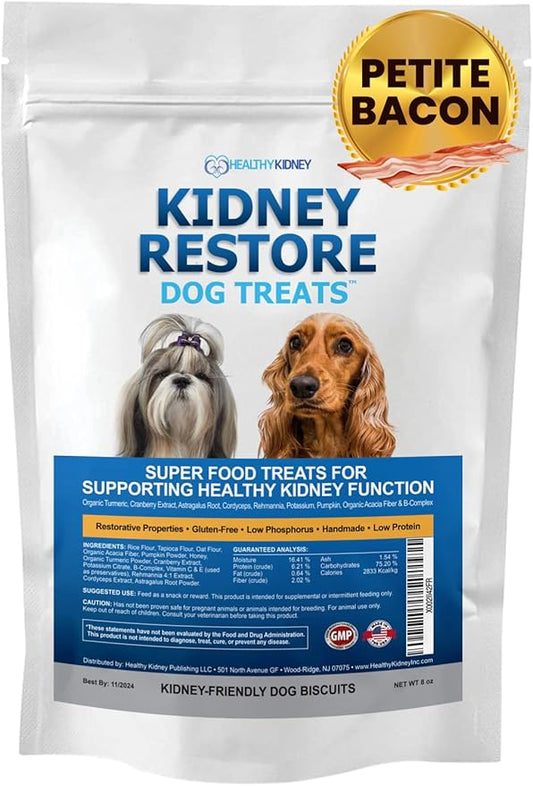Kidney Restore Bacon Dog Treats 16oz for Petite Dogs. Low Protein Dog Treats for Kidney Support for Small Dogs. Renal Treats for Any Kidney Dog Diet.