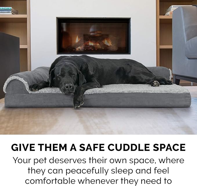 Furhaven Orthopedic Dog Bed for Large Dogs w/ Removable Bolsters & Washable Cover, For Dogs Up to 125 lbs - Two-Tone Plush Faux Fur & Suede L Shaped Chaise - Stone Gray, Jumbo Plus/XXL