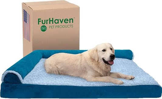 Furhaven Memory Foam Dog Bed for Large Dogs w/ Removable Bolsters & Washable Cover, For Dogs Up to 125 lbs - Two-Tone Plush Faux Fur & Suede L Shaped Chaise - Marine Blue, Jumbo Plus/XXL