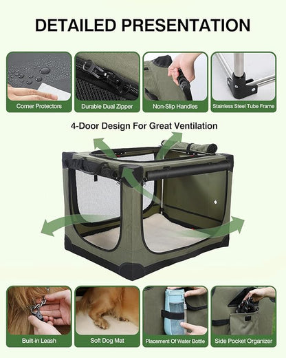 24 Inch Collapsible Travel Dog Crate for Medium Large Dogs, Portable Dog Crate 4-Door Foldable Soft Kennel with Chew-Proof Mesh Windows for Indoor & Outdoor Travel,with Storage Bag,Green