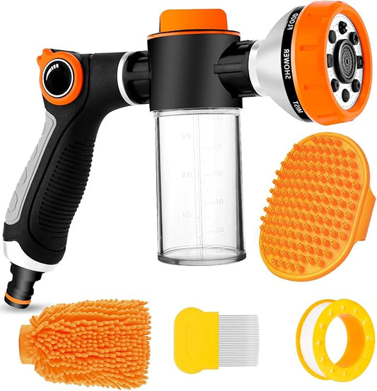 Upgrade Dog Washing Hose Attachment with Soap Dispenser, Dog Bath Hose Attachment with Pet Bath Brush Car Wash Mitt and Dog Comb for Watering Plants, Lawn, Showering Pet(Orange)