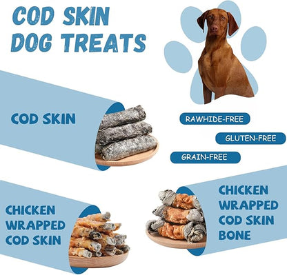 Chicken Wrapped Cod Skin Knotted Bones-6.5", All-Natural Healthy Dog Chew Treats Fish Skin, Rich in Omega3 Protein 5-6 Pcs 10.6 OZ