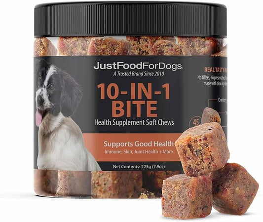 JustFoodForDogs 10-in-1 Multifunctional Supplement Chews for Dogs, Superfood Blend, Glucosamine, Omega-3 Fatty Acids, Skin Health, Joint Health, Probiotics, Plant-Based, Human Grade - 45 Count