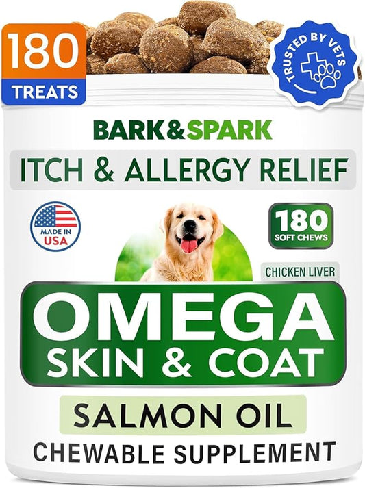 BARK&SPARK Omega 3 for Dogs - 180 Fish Oil Treats for Dog Shedding, Skin Allergy, Itch Relief, Hot Spots Treatment - Joint Health - Skin and Coat Supplement - EPA & DHA Fatty Acids - Canine Salmon Oil