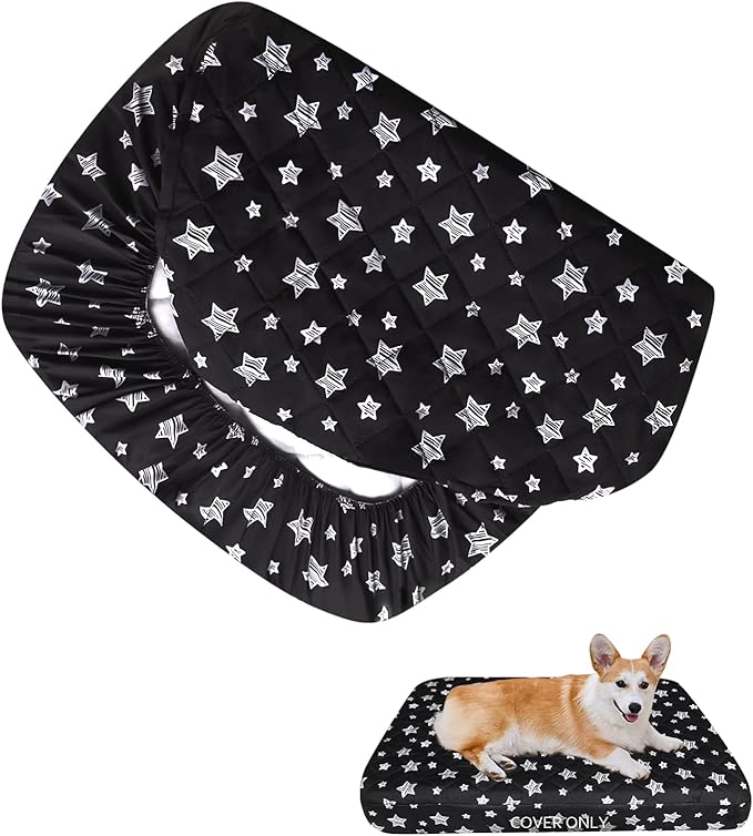 Dog Bed Covers Replacement Washable Pet Hair Easy to Remove, Waterproof Dog Bed Covers Noiseless Quilted, Pet Bed Cover Lovely Black Star Print, Puppy Bed Cover 20x30 Inches, for Dog/Cat, Cover Only