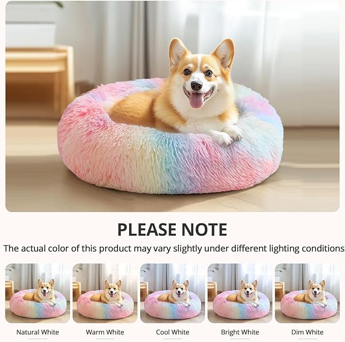 JOLLYVOGUE Dog Bed Cat Bed, Anti-Anxiety Small Dog Bed, Calming Donut Dog Bed for Puppy, Cozy Cat Bed, Fluffy Dog Beds for Small Dogs, Washable Round Puppy Bed for Indoor Pets (20"/Rainbow