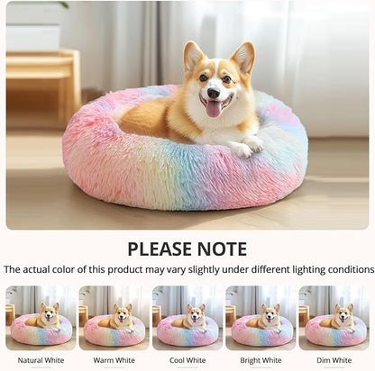 JOLLYVOGUE Dog Bed Cat Bed, Anti-Anxiety Small Dog Bed, Calming Donut Dog Bed for Puppy, Cozy Cat Bed, Fluffy Dog Beds for Small Dogs, Washable Round Puppy Bed for Indoor Pets (20"/Rainbow